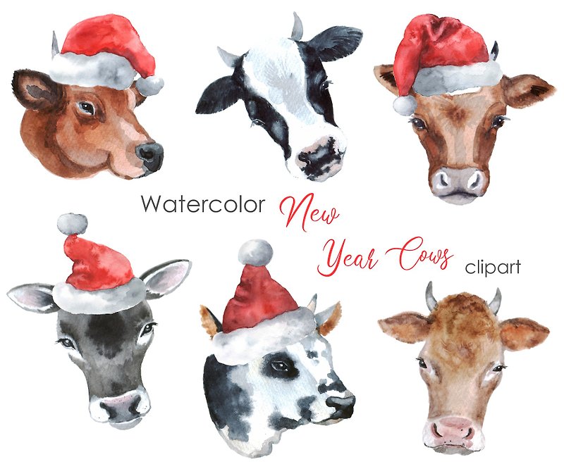 Christmas-cow-watercolor-Clipart. Christmas-animals-cow-with-santa-hats-poscard- - วาดภาพ/ศิลปะการเขียน - วัสดุอื่นๆ สีแดง