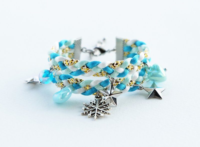 Blue braid double-layered bracelet with snowflake star and heart charms - Bracelets - Other Materials Blue