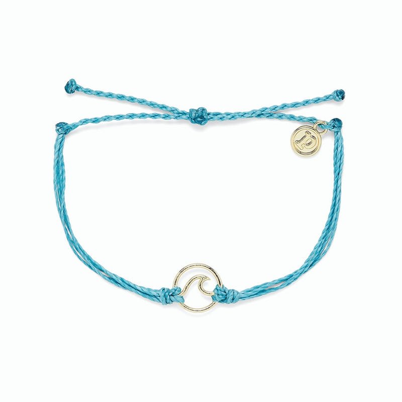 Pura Vida 美國手工 金色波浪墜飾 藍綠色蠟線可調式衝浪手環 - 手鍊/手環 - 其他材質 藍色