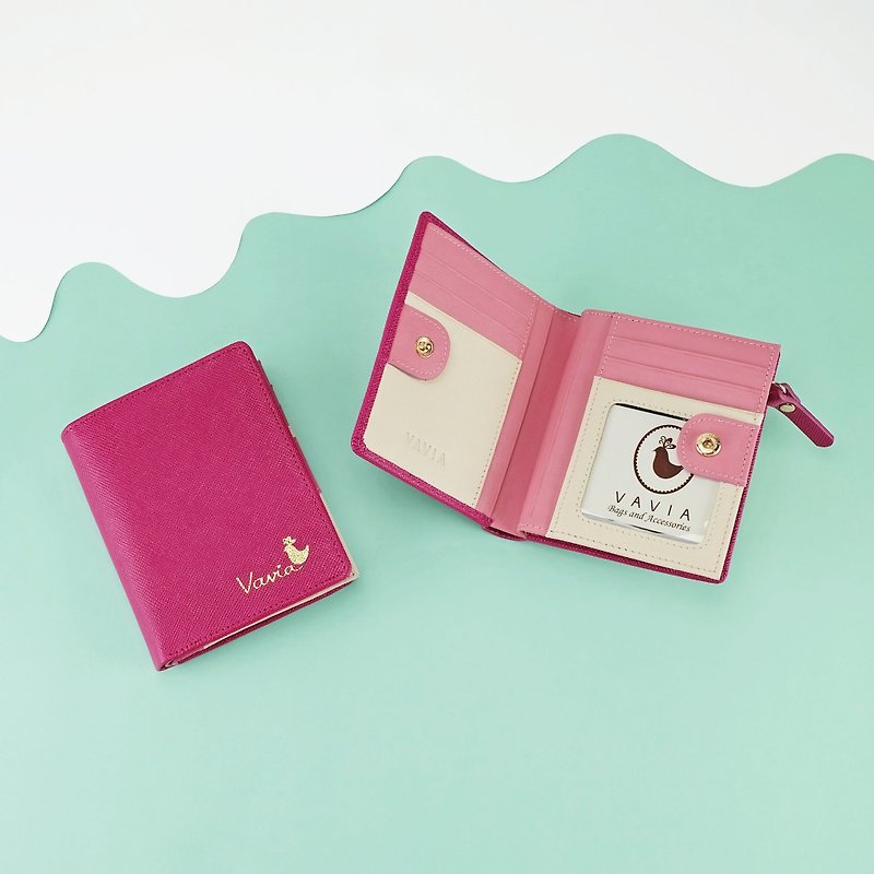 Deep Fuchsia (Pink): Pocket Book Short Wallet / Cow Leather 深粉紅色-錢包-皮革 - Wallets - Genuine Leather Pink