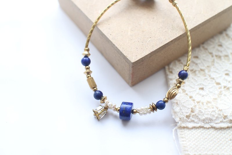 Sun light~Lapis/ pearl/ zircon/ brass handmade bracelet - Bracelets - Other Metals 