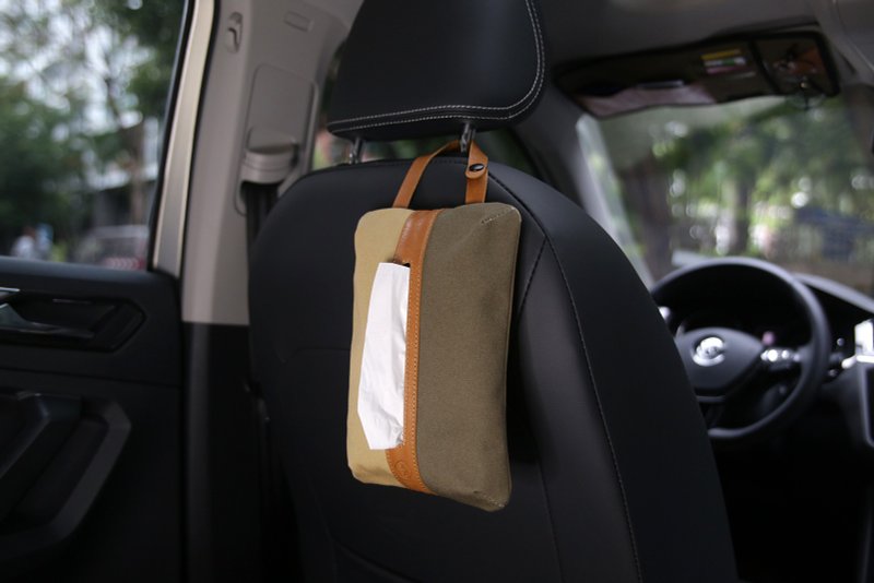 Retro water-repellent canvas with leather car tissue box/storage cover/hangable - กล่องเก็บของ - ผ้าฝ้าย/ผ้าลินิน สีกากี