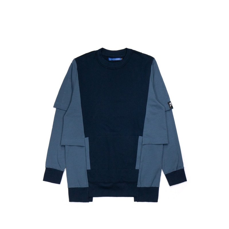 Trompe l'oeil faux two piece are long-sleeved tops - blue - เสื้อฮู้ด - ผ้าฝ้าย/ผ้าลินิน 