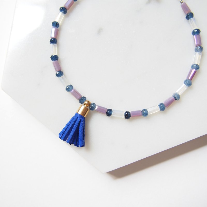 Blue tassels • Purple white tube beads • Natural stone • Bracelet bracelet • Gift - สร้อยข้อมือ - เครื่องเพชรพลอย สีน้ำเงิน