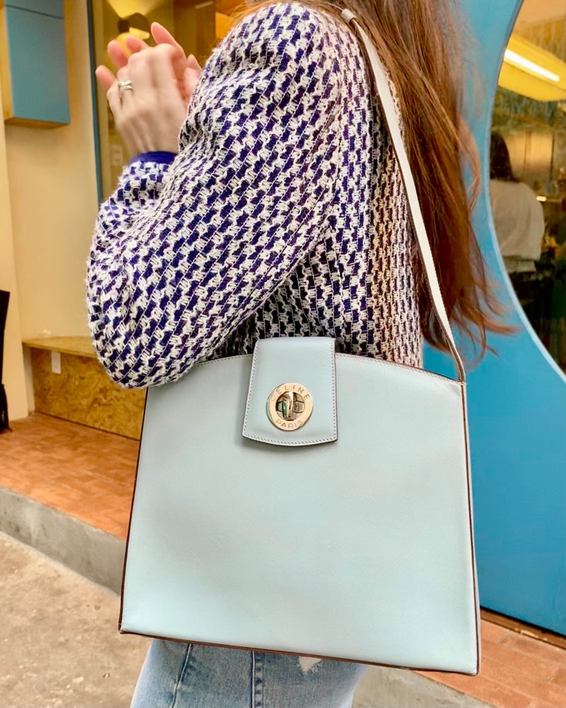 Vintage CELINE Light Blue Leather Turn Lock Silver Hardware One Shoulder Bag - 手提包/手提袋 - 真皮 藍色
