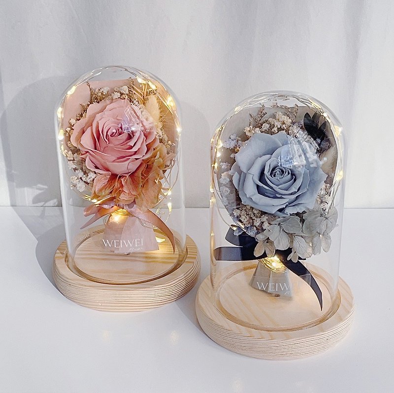 【客製化禮物】LED玫瑰小花束永生花玻璃鐘罩 客製化文字