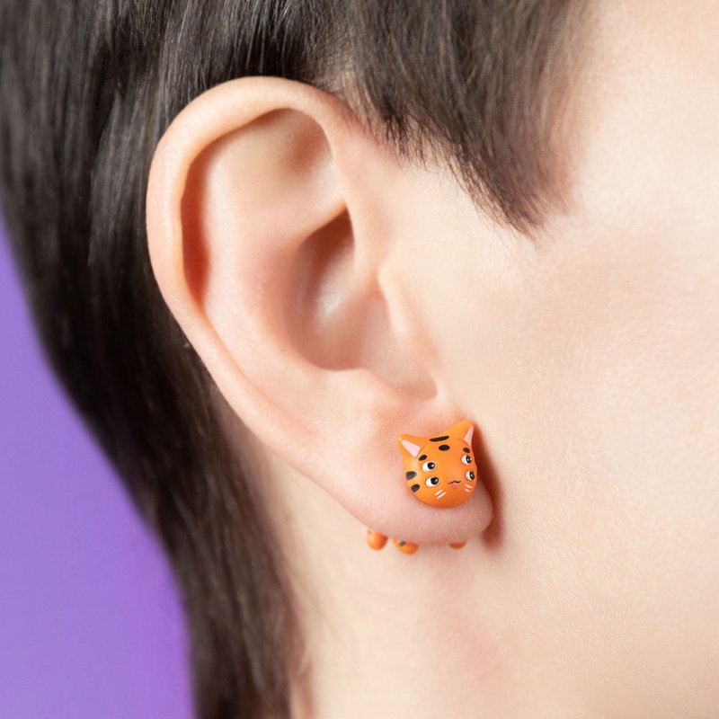 Four-eyed Tiger Earrings - Cute Jewelry for Cat Lovers - Handmade Art - Earrings & Clip-ons - Other Materials Orange