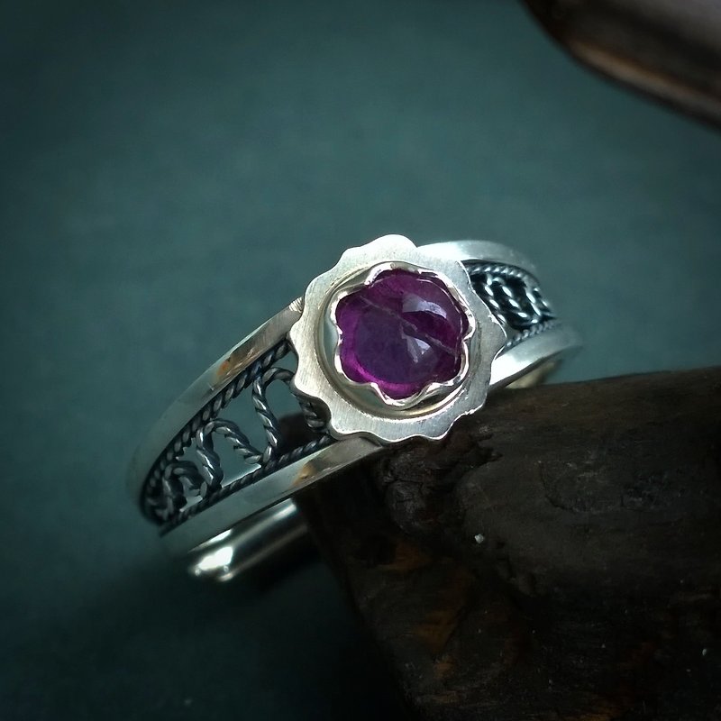 紫水晶銀戒指 盛開 單本 手工製作 - 戒指 - 純銀 紫色