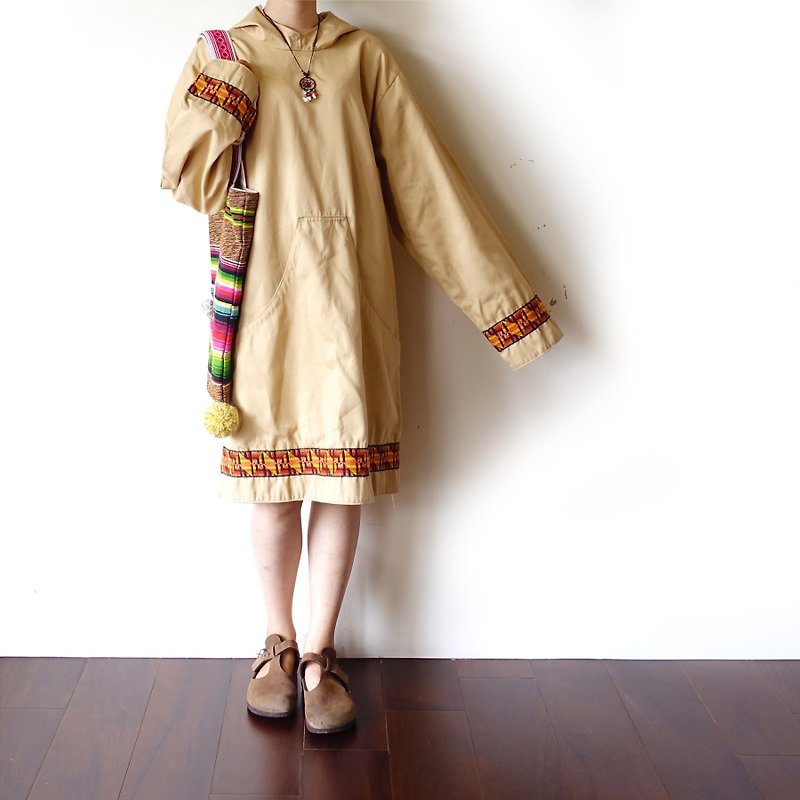 BajuTua / vintage / Indian totem Long Kutch color hoodie (for both men and women) - Women's Tops - Polyester Khaki