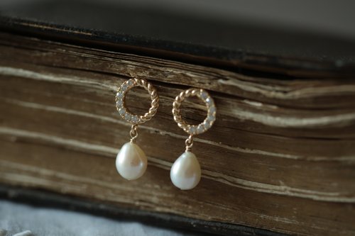 JieJie Jewelry 麻花圈鋯石水滴珍珠│高品質天然珍珠 純銀鍍金
