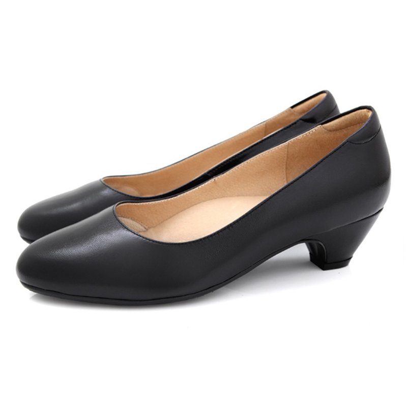 Black 4CM full leather plain low heels - รองเท้าส้นสูง - หนังแท้ สีดำ