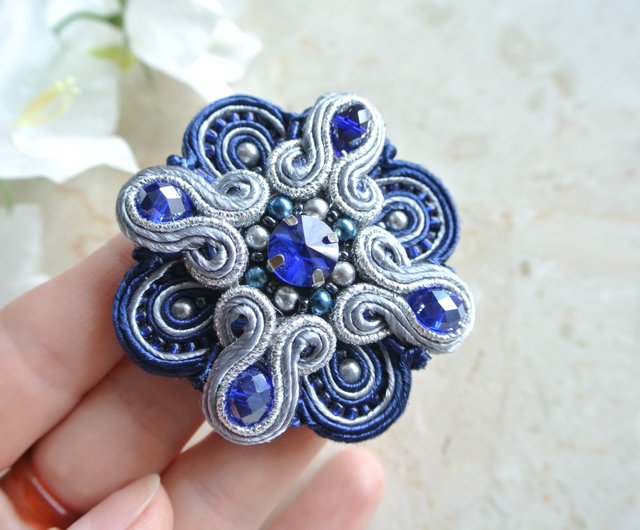 Crystal Brooch, Blue Crystal Brooch, Silver Brooch, Beaded Brooch outlet