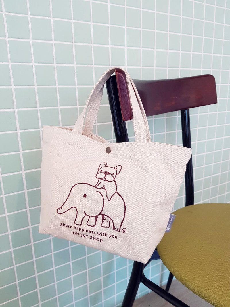 French Dou Canvas Bag-Small/Portable/Fa Dou Icon - กระเป๋าถือ - ผ้าฝ้าย/ผ้าลินิน ขาว