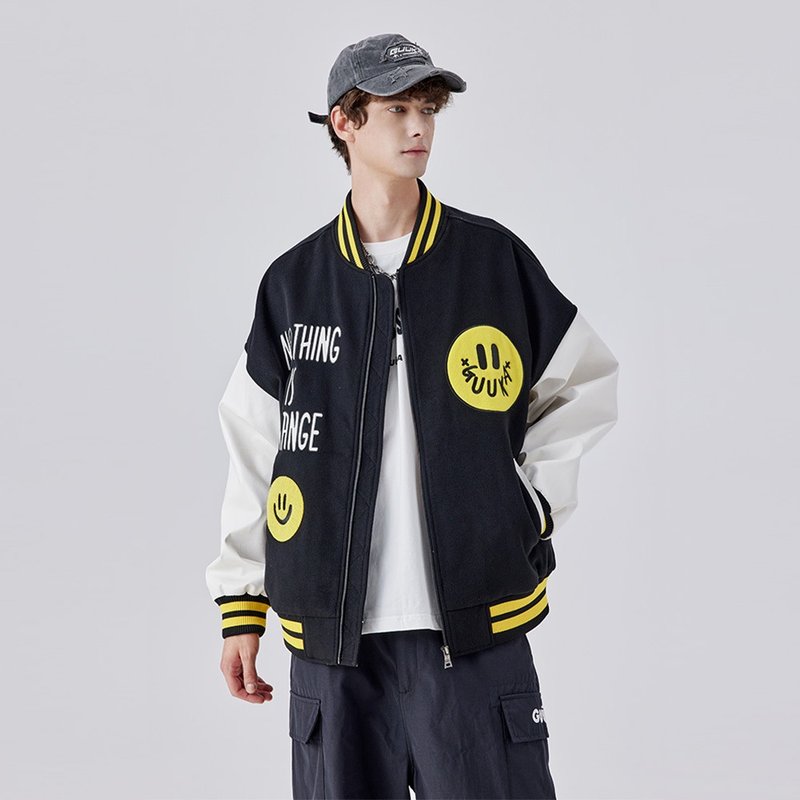 毛呢拼接PU皮衣外套 男士棒球服夾克 - 男夾克/外套 - 其他材質 