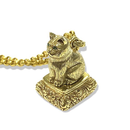 alisadesigns Vintage Pinchbeck Cat Wax Seal / Brass Handle Stamp Letter Fob Pendant + Chain