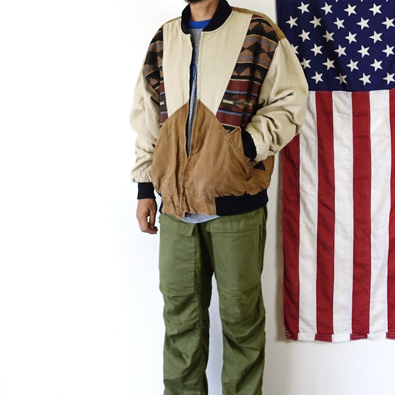 BajuTua / vintage / native American Indian totem khaki washed canvas jacket bristles - เสื้อโค้ทผู้ชาย - ผ้าฝ้าย/ผ้าลินิน สีกากี