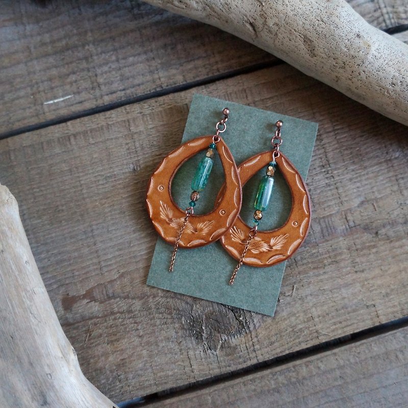 Handmade custom totem leather carving leather earrings drop - Earrings & Clip-ons - Genuine Leather Green