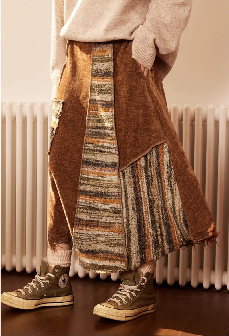 [Sori Zhihai] Ethnic style spliced ​​colorful gauze skirt autumn and winter style - Skirts - Polyester Brown