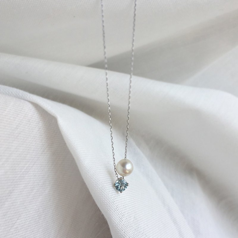 SV925 Aquamarine Necklace, March Birthstone, Akoya Pearl Dainty Necklace