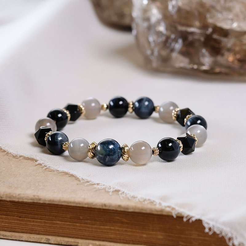 Kyanite, Black Agate, Blue Tiger's Eye, Grey Moonstone Bracelet - Natural Mineral Crystal - สร้อยข้อมือ - คริสตัล สีน้ำเงิน