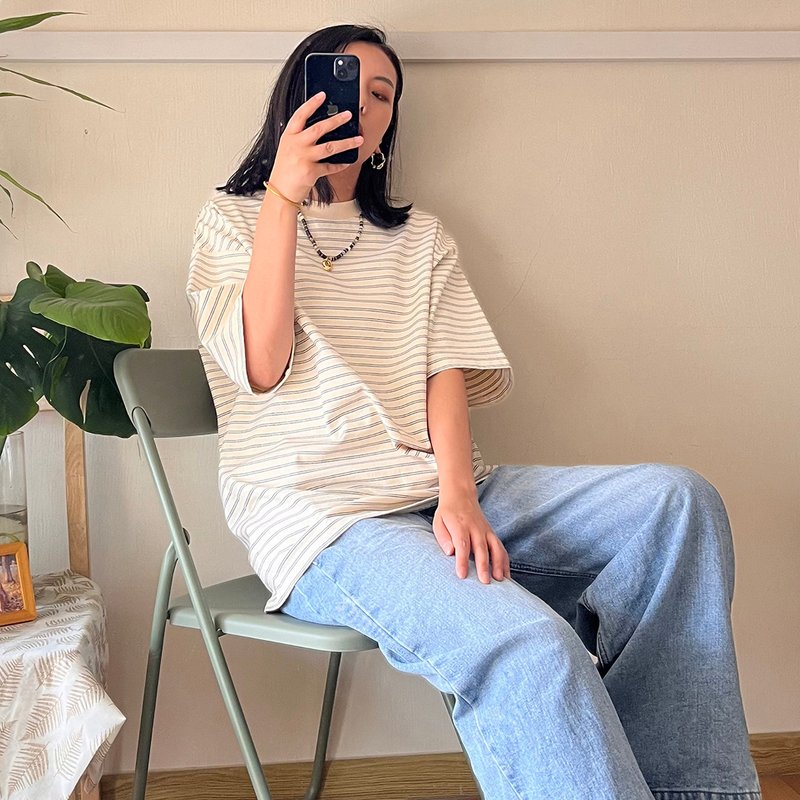 條紋復古重磅寬版 設計 文字T 棉T t恤  日系 短袖 福利清倉 - 男 T 恤 - 棉．麻 多色