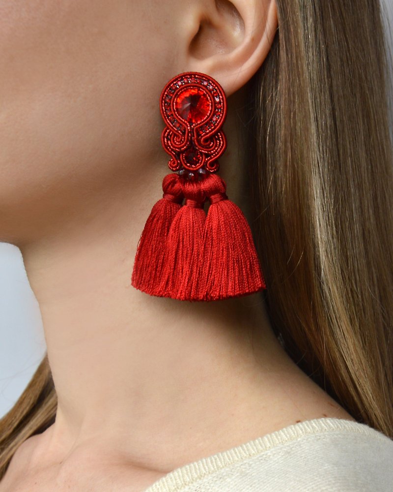 Earrings Bright Earrings with tassels in red color Christmas Gift Wrapping - Earrings & Clip-ons - Other Materials Red