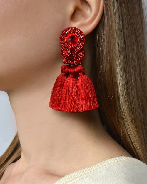 Olga Sergeychuk jewelry Earrings Bright Earrings with tassels in red color Christmas Gift Wrapping