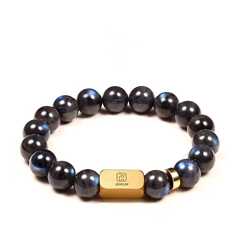 Original Design Men's Lettering Natural Black Blu-ray Labradorite Bracelet Boyfriend Gift - สร้อยข้อมือ - หิน สีน้ำเงิน