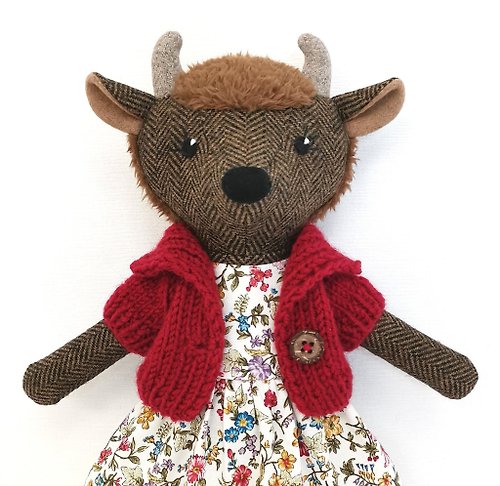 TweedyLand Brown buffalo girl, handmade stuffed bison toy, wool textile doll
