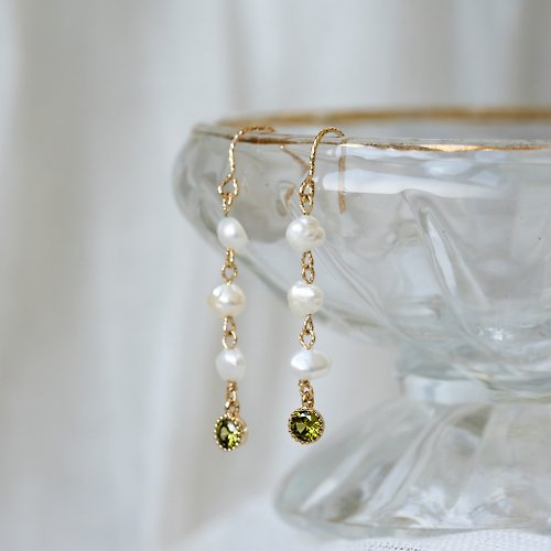 Zuzu Jewelry 訂製款 復古巴洛克珍珠 14k包金 橄欖綠寶石 天然珍珠耳環耳夾