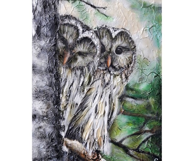 フクロウの絵キャンバスオリジナルオイルアート冬の森鳥抽象モダン