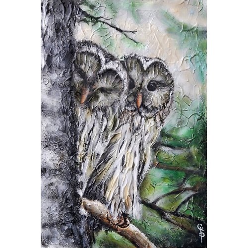 Ginna Paola Owl Painting Canvas Original Oil Art Winter Forest Wild Bird Abstract Modern