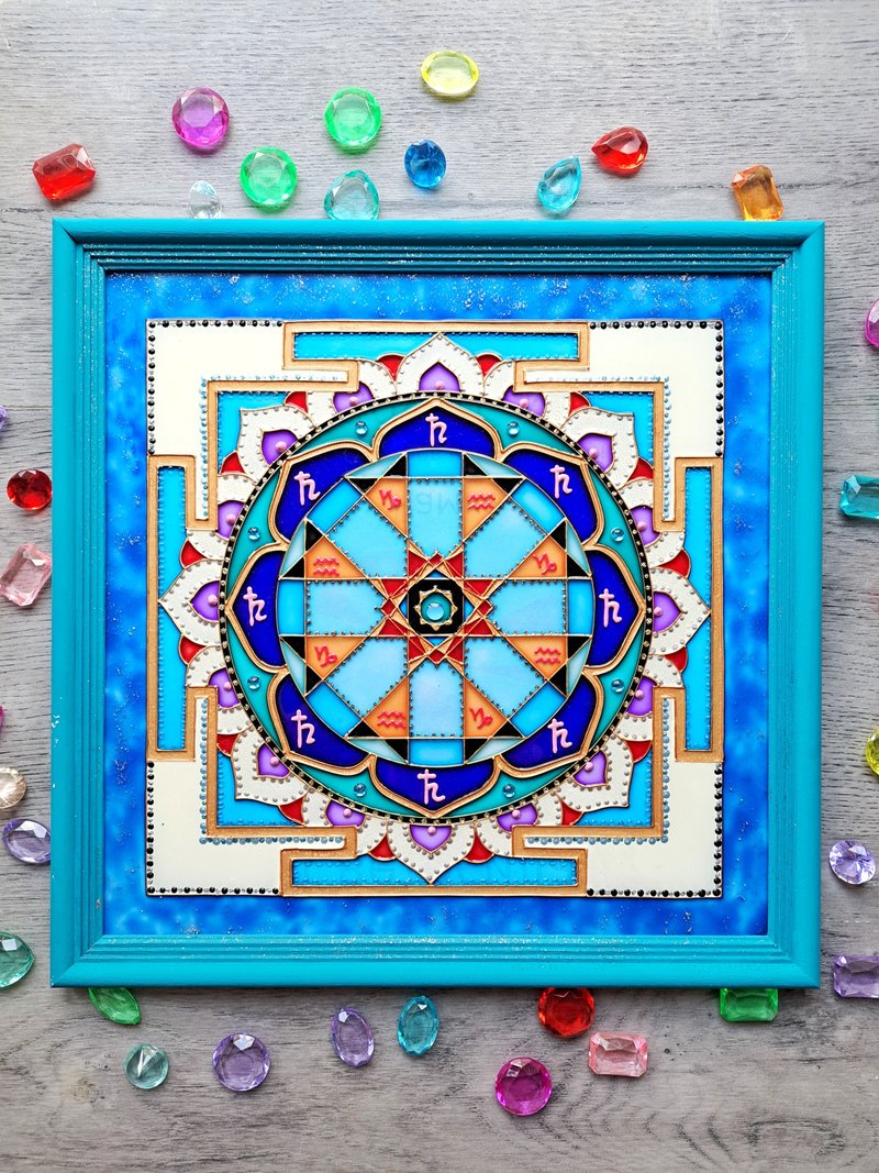 Sri Shani Saturn Yantra手绘彩色玻璃冥想瑜伽治疗装饰 - 壁貼/牆壁裝飾 - 玻璃 藍色