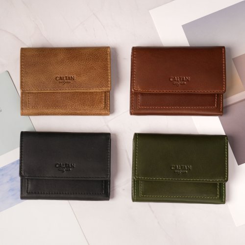 CALTAN DESIGN 【24hr快速出貨】文藝三折扣式真皮短夾-075268 四色 母錢包