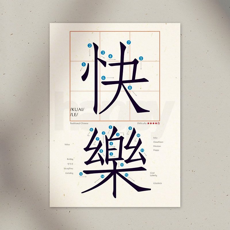 學中文 明信片 – 快樂 Happy - 心意卡/卡片 - 紙 白色