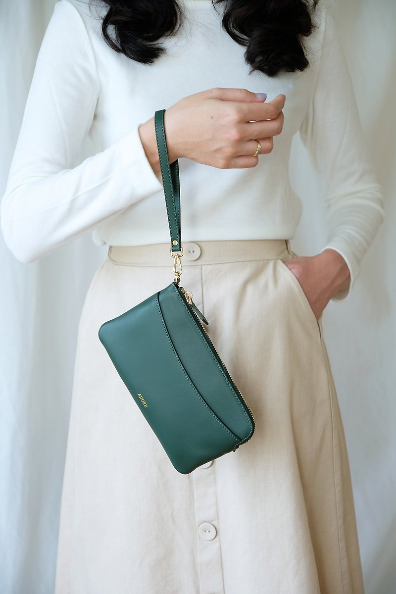 【กล่องของขวัญ】OLIVIA - Clutch/Crossbody Zipper Wallet - Green - กระเป๋าสตางค์ - หนังแท้ สีเขียว