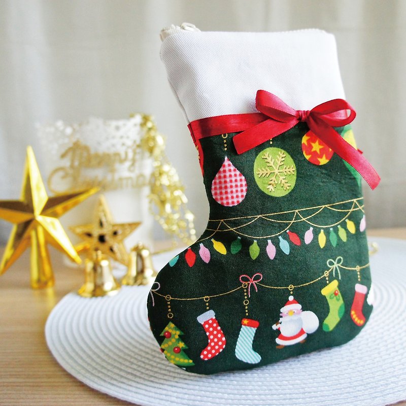 Lovely [Japanese cloth] Christmas tree decoration Christmas socks mobile phone bag, dark green gilding, 5.5 吋 available - เคส/ซองมือถือ - ผ้าฝ้าย/ผ้าลินิน สีเขียว