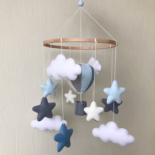 ElfBabyMobile Crib mobile hot air balloon for baby boy nursery blue and gray. Baby shower gift
