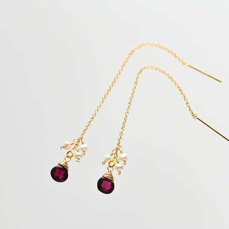 Rhodolite Garnet and Pearl American Earrings January Birthstone Clip-On OK - ต่างหู - เครื่องเพชรพลอย 