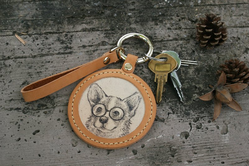 手工真皮-寵物素描鑰匙圈-柯基/可刻印英文名 - 鑰匙圈/鑰匙包 - 真皮 咖啡色