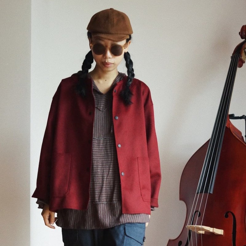 安可拉紅 冬季粗裁邊保暖圓領雙兜上衣 義大利順毛羊毛外套 - 女大衣/外套 - 羊毛 紅色