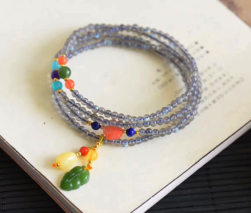 [Welfare price] boutique original natural moonstone four circle bracelet / with jasper gold branch jade leaf pendant / beautiful - Bracelets - Gemstone 