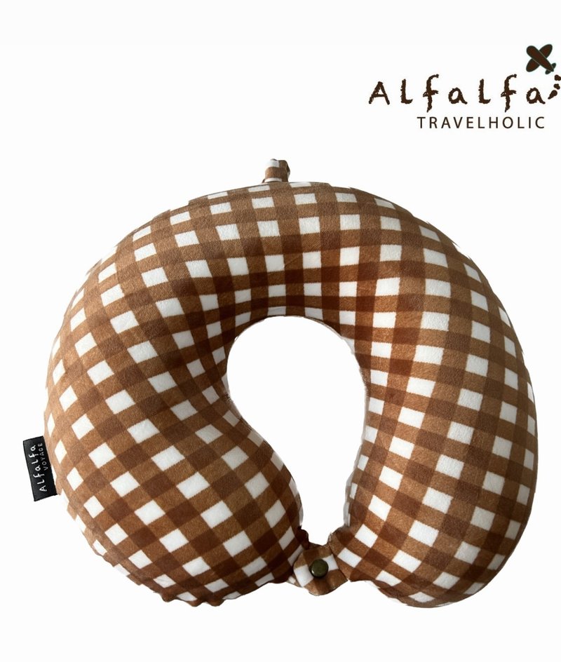 U Shaped Checkered Memory Foam Travel Neck Cushion - Chocolate Brown/white check - หมอนรองคอ - ไฟเบอร์อื่นๆ สีนำ้ตาล