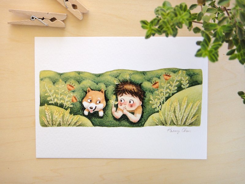 Bushes Fun with Shiba Inu - llustrated Watercolor Postcards, Mini Art Print - การ์ด/โปสการ์ด - กระดาษ สีเขียว