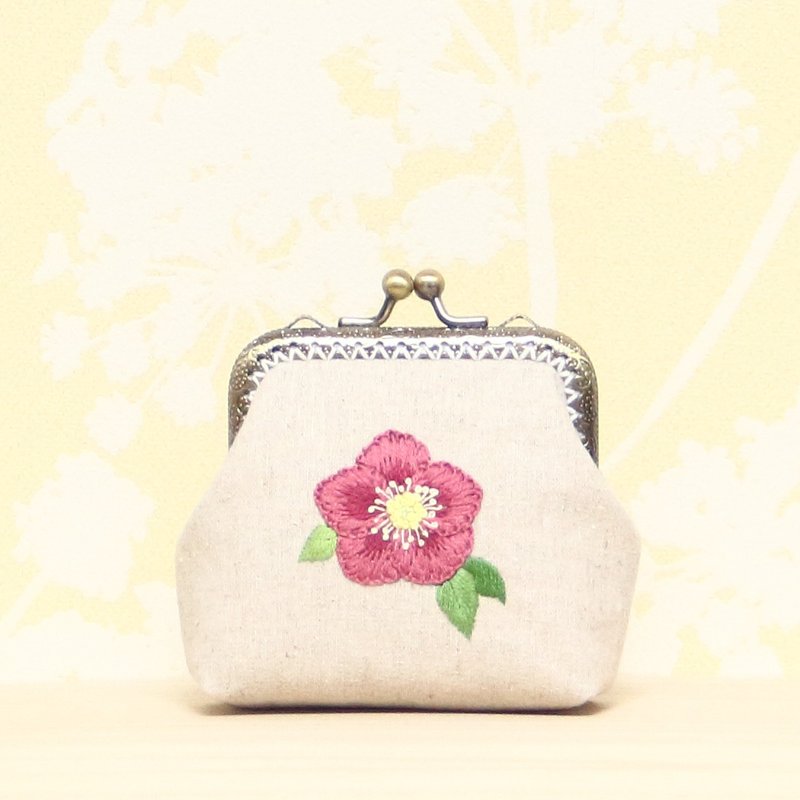 クリスマスローズ　刺繍　がま口　ミニポーチ　手刺繍 - 化妝包/收納袋 - 繡線 