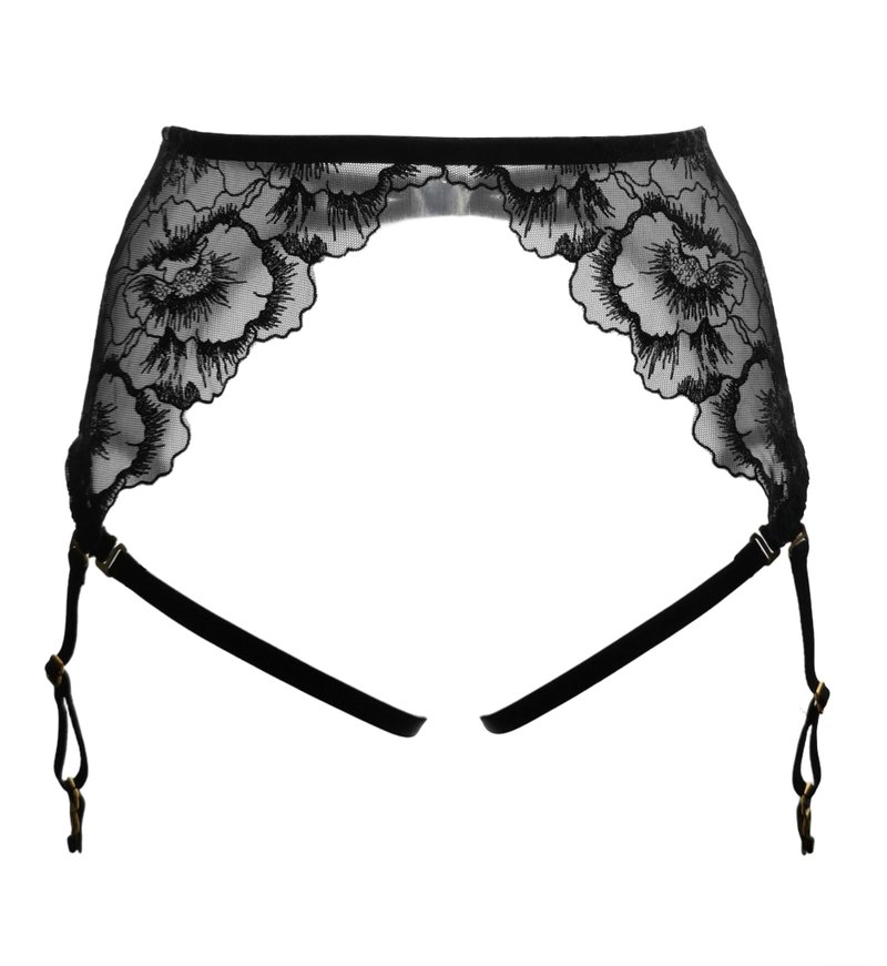 Flower lace garter belt - Sexy lace lingerie - Adjustable straps underwear - 女內衣褲 - 聚酯纖維 黑色