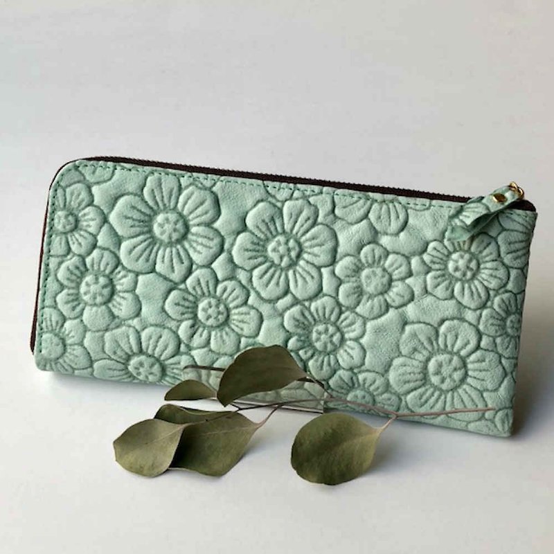 ピッグスキンの長財布フラワー　ライトグリーン - 銀包 - 真皮 綠色