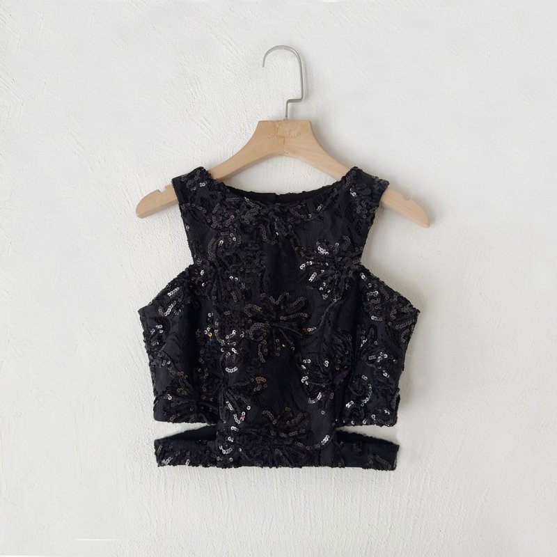 Customized series - hollow waist lace sequined sleeveless top - เสื้อกั๊กผู้หญิง - วัสดุอื่นๆ สีดำ