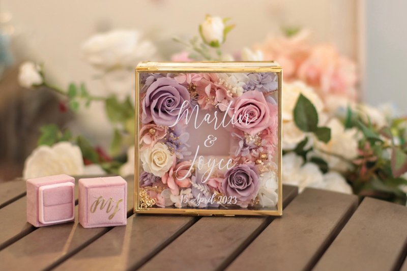 【結婚禮物】客製化 結婚對戒盒 求婚戒指盒 燙金 不凋花盒 - 擺飾/家飾品 - 其他材質 紅色