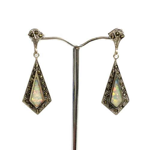 alisadesigns Victorian Style Fire Gilson Opal Marcasite Triangle Earrings 925 Sterling Silver